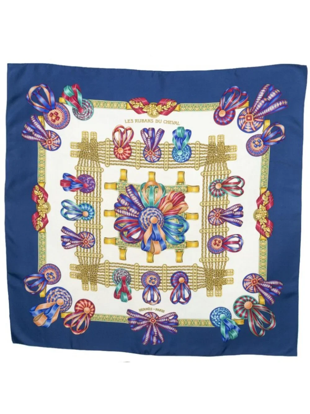 Hermes Scarf Blue Ivory Gold Silk